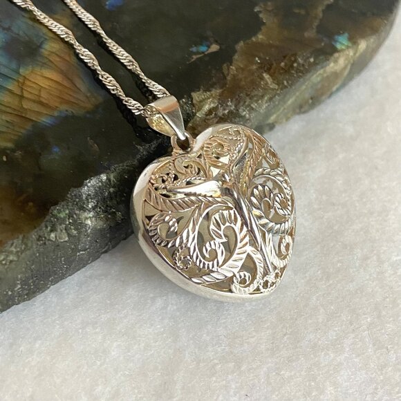 Steven Lavaggi Sterling Silver 925 Filigree Puffy Heart Angel Pendant Necklace - Picture 5 of 16